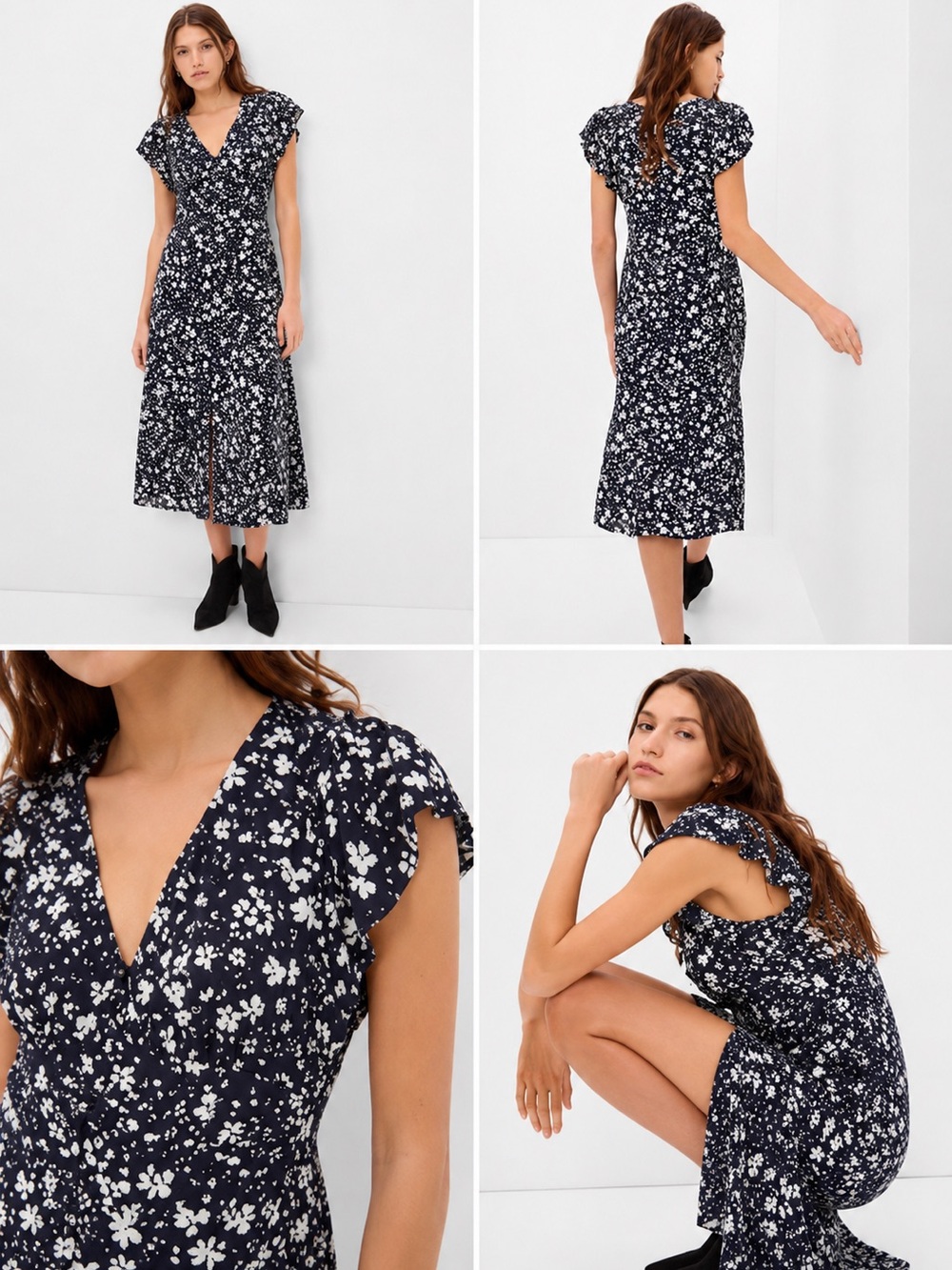 NWT GAP Navy Floral Ruched Midi Dress Small Petite